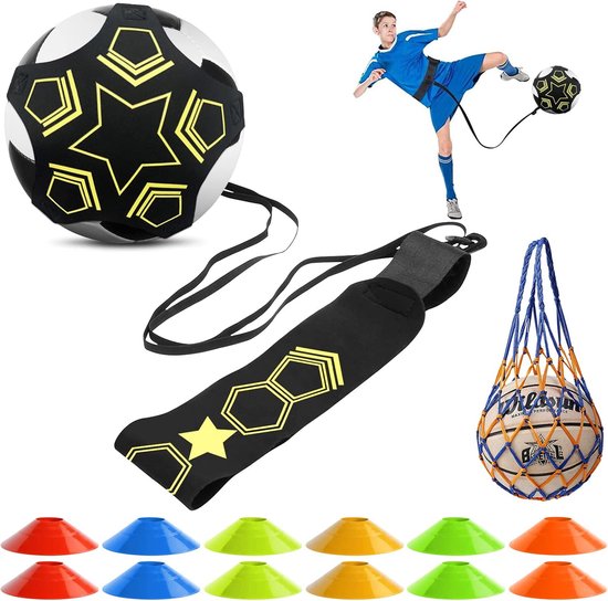 Voetbal Trainingsaccessoire - Solo Trainer - Balvaardigheid Verbeteren - Verstelbare Elastische Band - 12 Pionnen - Zwart Geel