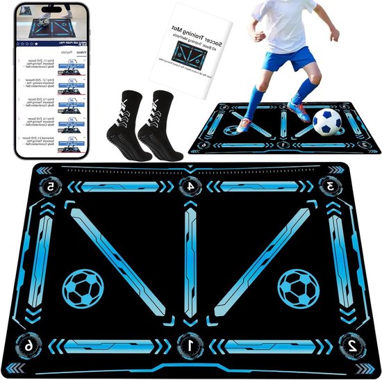 Voetbal Trainingsmat - Voetbal Oefenmat - Voetbalvaardigheden Trainen - Inclusief Anti-slip Sokken - 90x60 cm - Blauw-Zwart