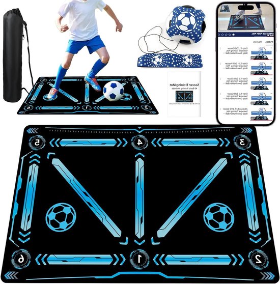 Voetbal Trainingsmat - Voetbal Oefenmat - Voetbalvaardigheden Trainen - Inclusief Elastisch Touw - 90x60 cm - Zwart