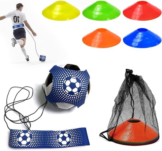 Voetbal Trainingsset - Bal Controle Hulpmiddel - Verbeteren Balgevoel - Verstelbare Riem - 10 Kegels 150cm Koord - Multicolor