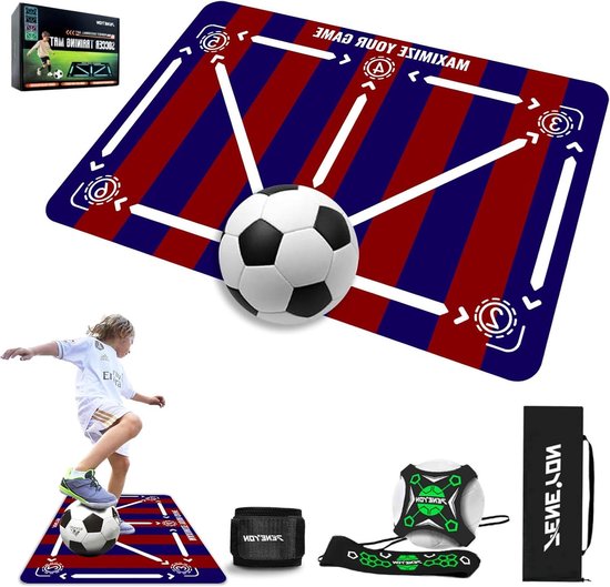 Voetbaltrainingsmat met verstelbare voetbaltrainer, antislip voetbaltrainingsuitrusting voor kinderen en jongeren om snelheid, kracht en coördinatie te verhogen