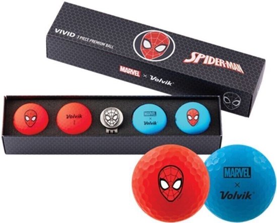 Volvik Marvel Spiderman - Vivid - golfballen set - golf - 5-delig - 4 golfballen + clip marker - incl. cadeaudoos - cadeauset van Merkloos