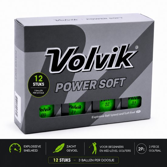 Volvik Power Soft Golfballen 12 Stuks - 2-Piece - Neon Groen - Explosieve Balsnelheid - Zacht Gevoel - Golfballen voor Beginners & Mid-Level Golfers - Golfballen van Volvik