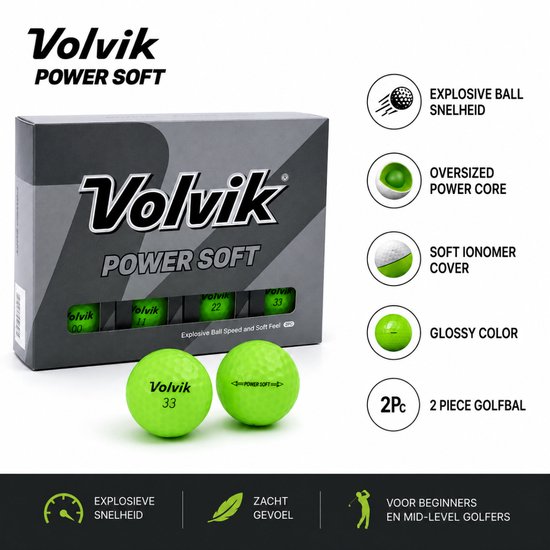 Volvik Power Soft Golfballen 6 Stuks - 2-Piece - Neon Groen - Explosieve Balsnelheid - Zacht Gevoel - Golfballen voor Beginners & Mid-Level Golfers - Golfballen van Volvik