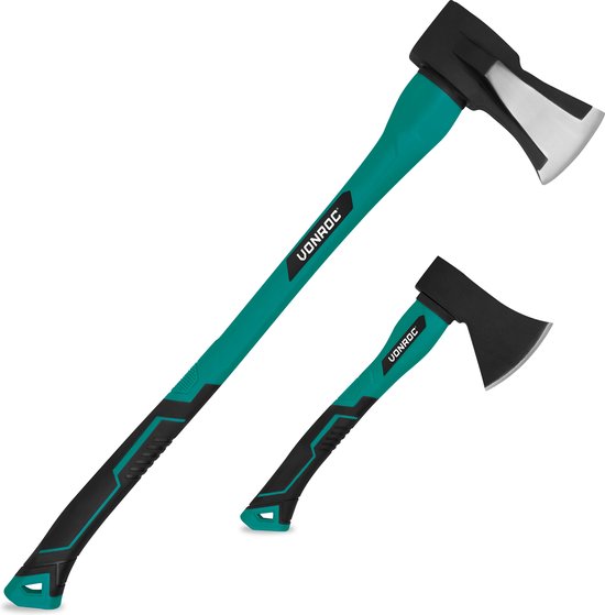 VONROC Kloofbijl en handbijl set - gehard stalen kop - glasvezel steel – 79cm – 3900gr/35cm – 950gr van VONROC
