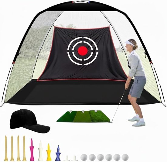 Vouwbaar Golf Net voor Oefeningen met Tarp, 3-in-1 Slagmat en 6 Golfballen voor Binnen en Buiten, Ideaal voor Tuin en Training 365 x 200 x 210 cm