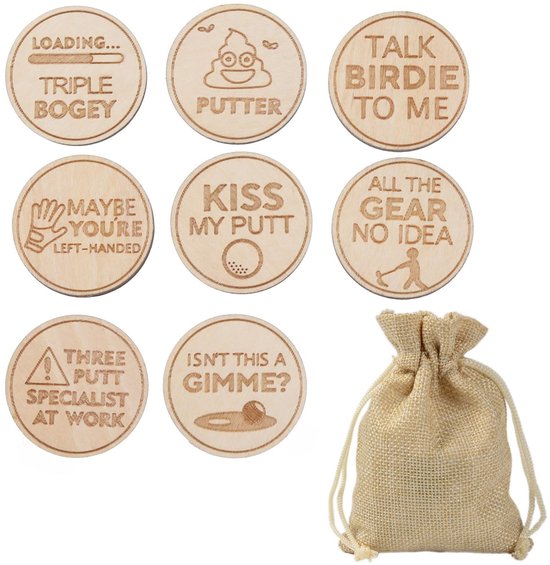 VT Goods - Golf Fun Markers - Grappige Golf Accessoires - Houten Ballmarkers - Set van 8 - Uniek Ontwerp - Voor Golfliefhebbers - 25 x 3 mm van Merkloos