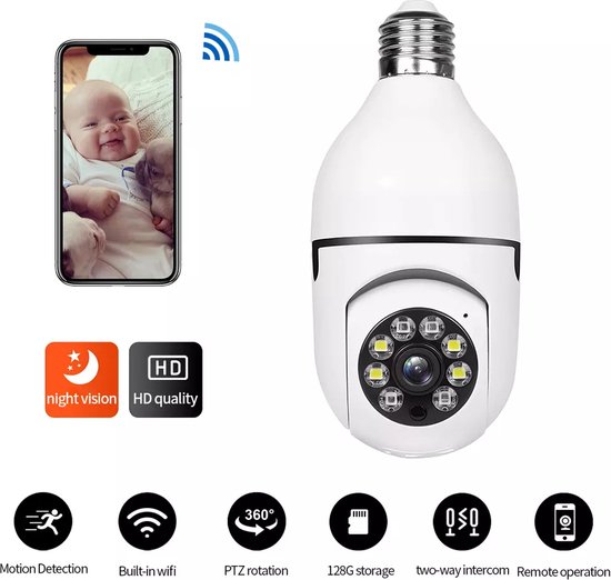 Wifi Panorama Camera - 1080p- 5g -Beveiligingscamera - IP Camera - Camerabewaking - E27 Dikke Fitting- Spy Camera - 2-Weg Audio - Beweeg en Geluidsdetectie - Nachtvisie - Draadloos - Huisdiercamera - Opslag in Cloud & App - Lamp - 360graden van Merkloos