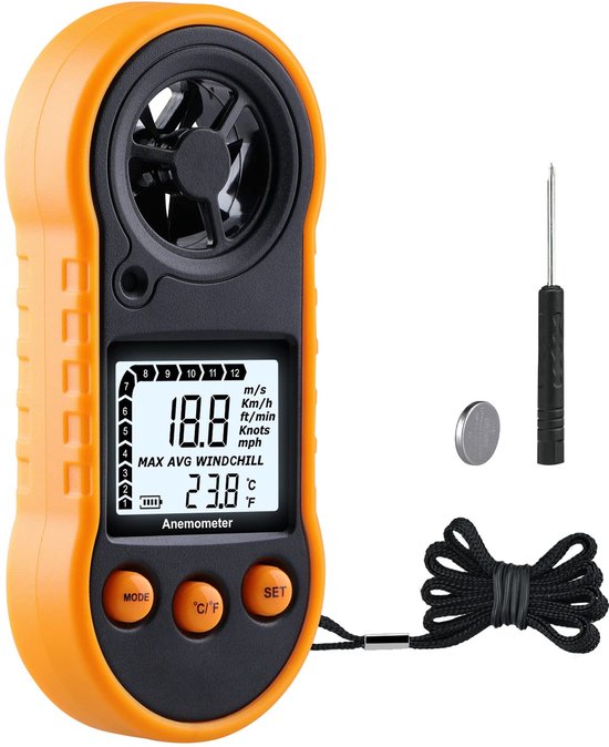 Windmeter, luchtdebietmeter met windtemperatuurgereedschap -10 °C ~ 45 °C, anemometer voor het meten van de luchtstroomsnelheid, windmeter voor zeilen/surfen, vissen/draak, geel
