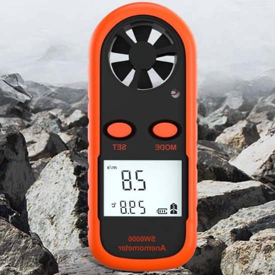 Windsnelheidsmeter - Digitale Anemometer - Weersomstandigheden Meten - Ingebouwde Temperatuurmeter - 108 x 39 x 20 mm - Zwart Oranje