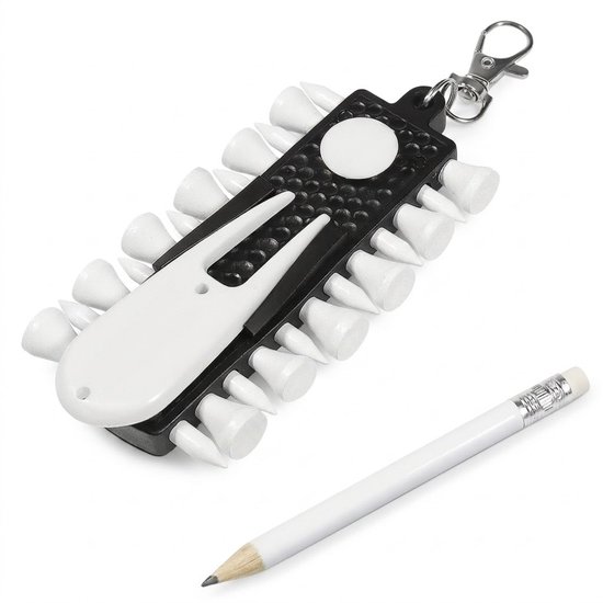 Zwarte golf tee houder set met witte golf tees – golf tees organizer – inclusief 12 golf tees, pitchfork, bal marker, potlood en draagclip – golf accessoires