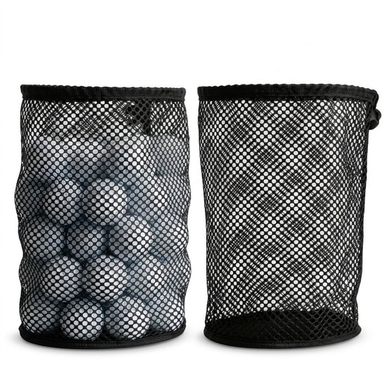 Zwarte golfbal tas groot voor 50 golfballen – netstof opberg tas met trekkoord – golf ballen draag tas – golf trainings materiaal en golf accessoires voor heren en dames