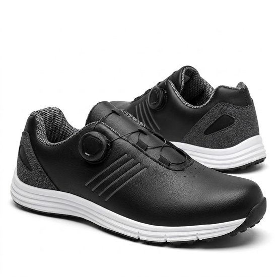 Zwarte golfschoenen heren maat 45 – sportieve golf schoenen met witte zool, draaiknop sluiting, zwarte veters en profielzool – heren golf sneakers